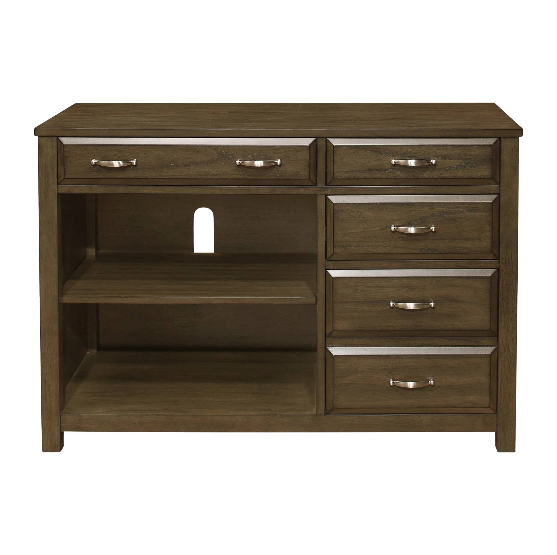 A dark brown wooden media console with five drawers, two on the top row, three on the bottom right, and two open shelves on the left. The drawers feature silver metal handles, and a cutout is visible in the back panel for a cable management box.