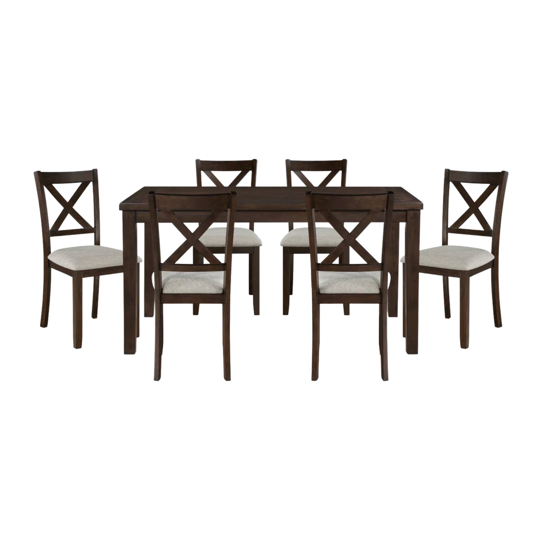 A 7-piece dining set featuring a rectangular dark brown wooden table and six matching chairs with cream upholstered seats and X-back designs, shown on a plain white background.