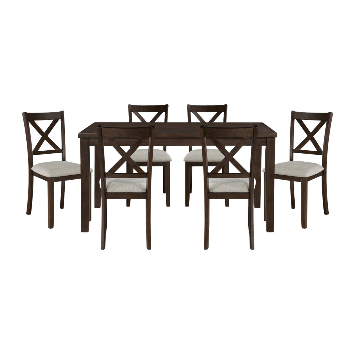 A 7-piece dining set featuring a rectangular dark brown wooden table and six matching chairs with cream upholstered seats and X-back designs, shown on a plain white background.