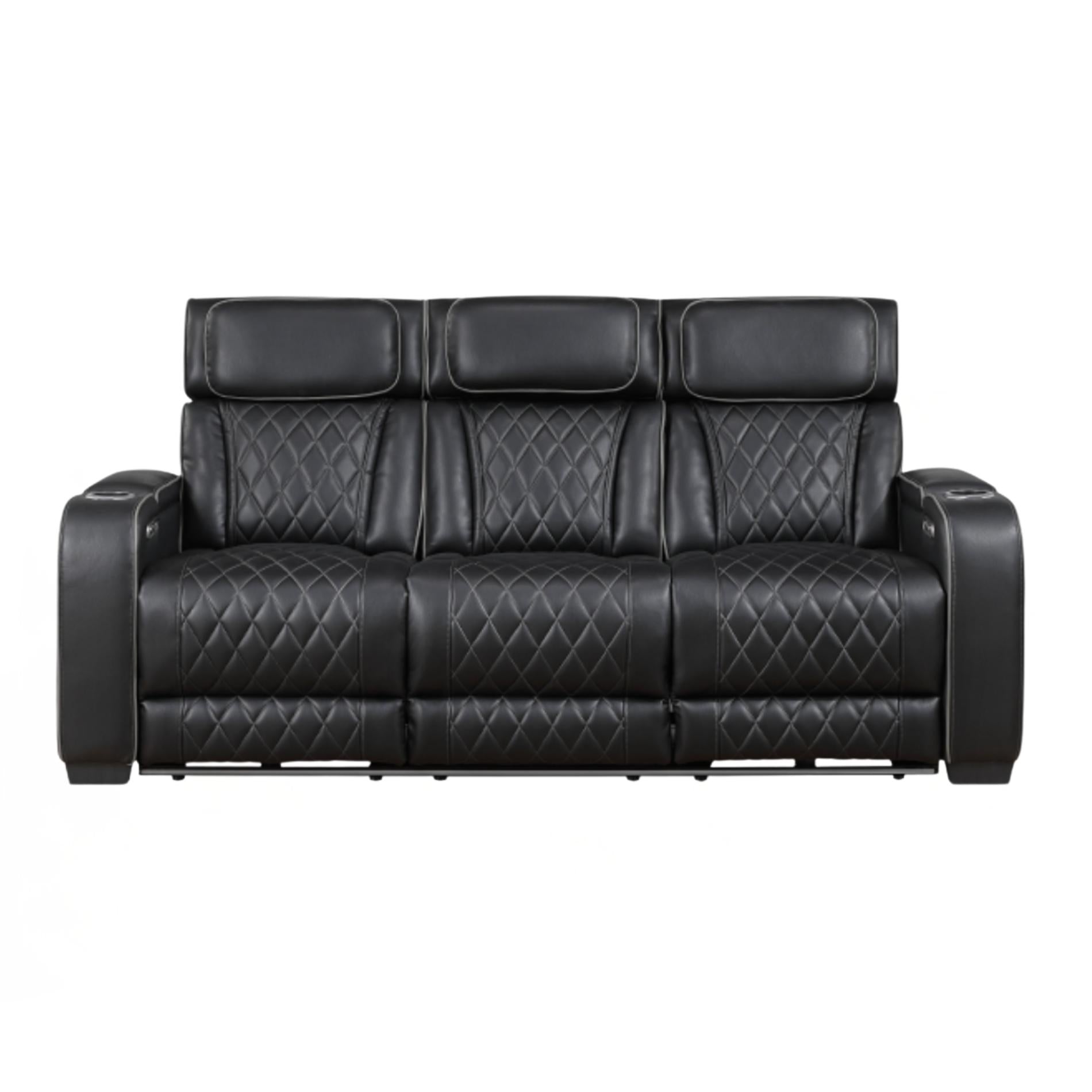 Black leather recliner sofa with quilted pattern on a white background