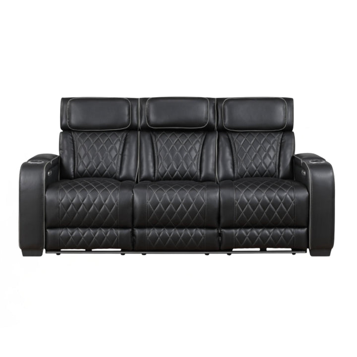 Black leather recliner sofa with quilted pattern on a white background