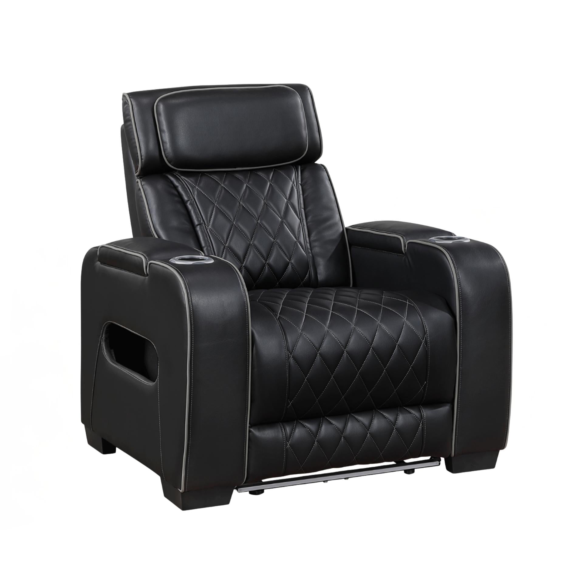 Black leather recliner chair with quilted design on a white background