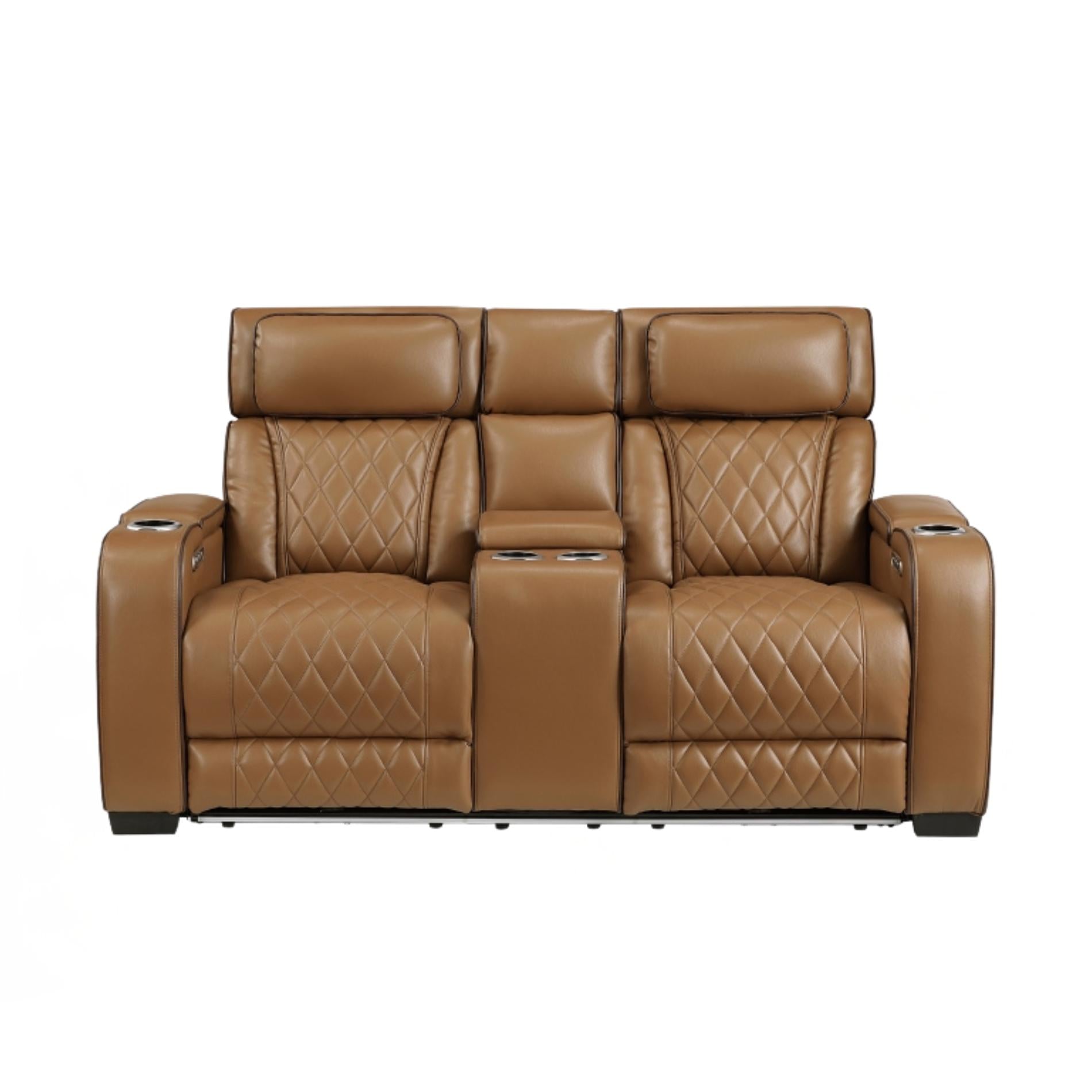 Brown leather recliner sofa with diamond pattern on a white background