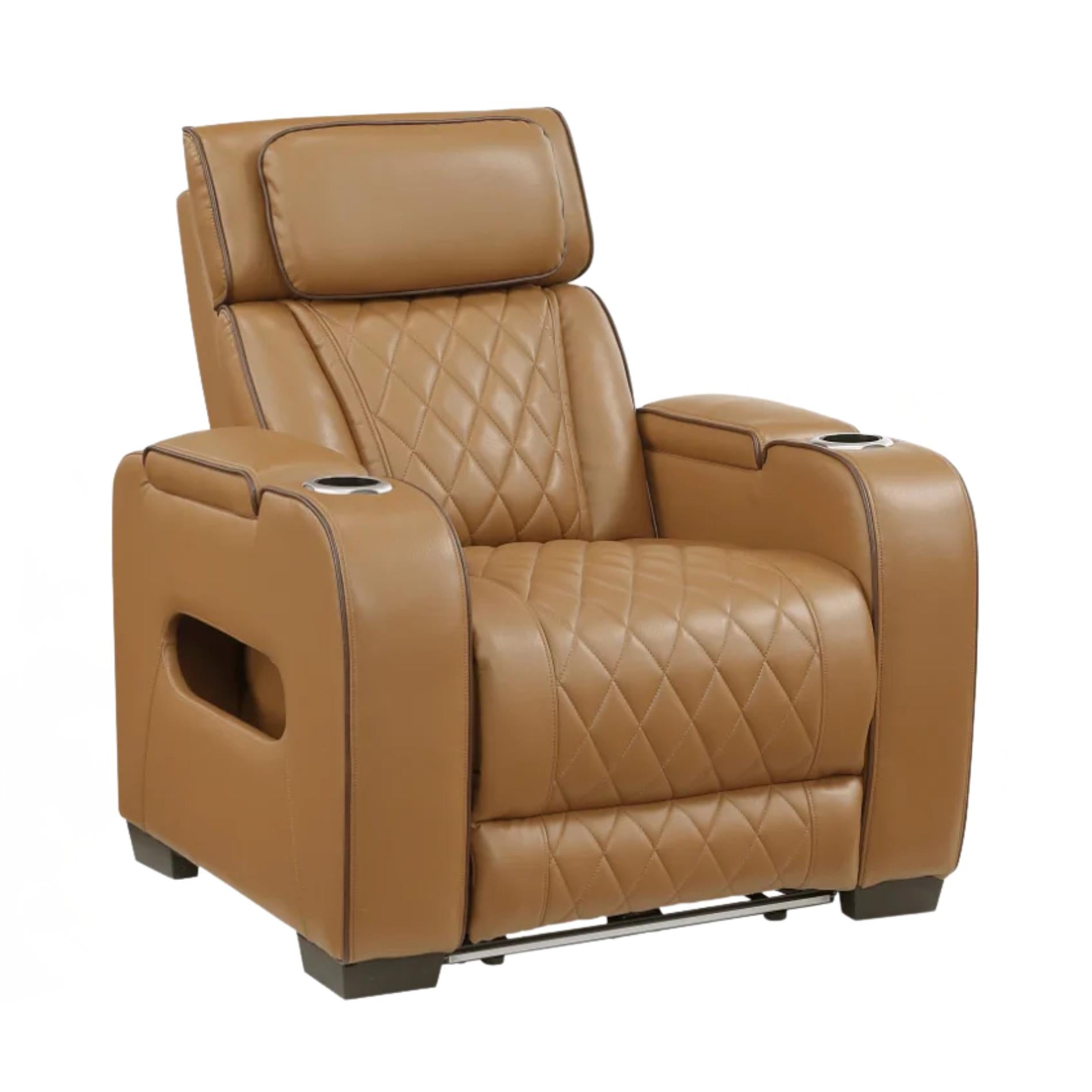 Brown leather recliner chair with cup holders and armrest storage on a white background