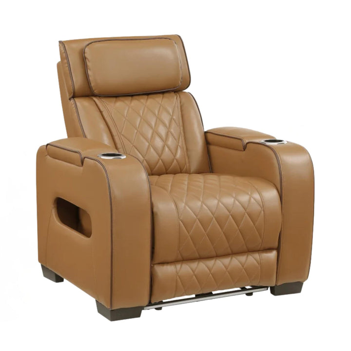Brown leather recliner chair with cup holders and armrest storage on a white background