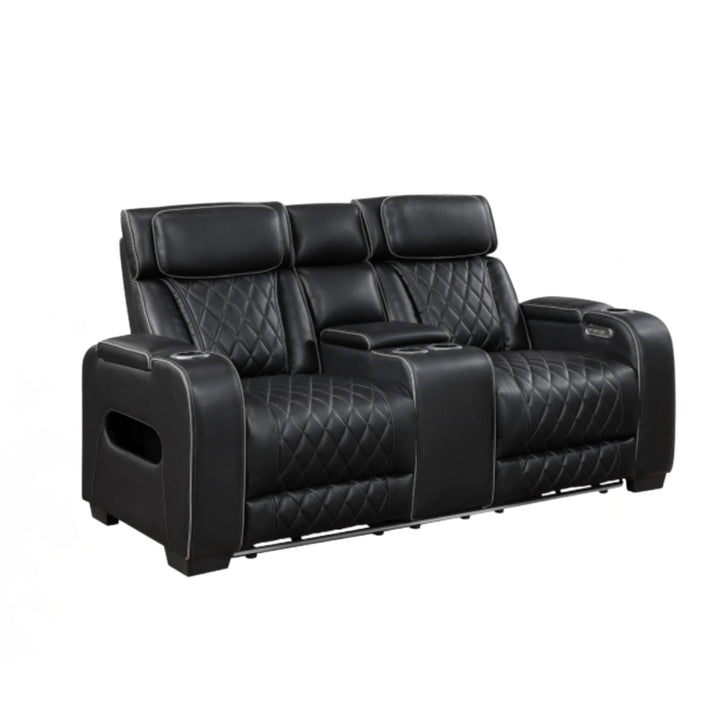 Black leather recliner sofa with quilted design on a white background