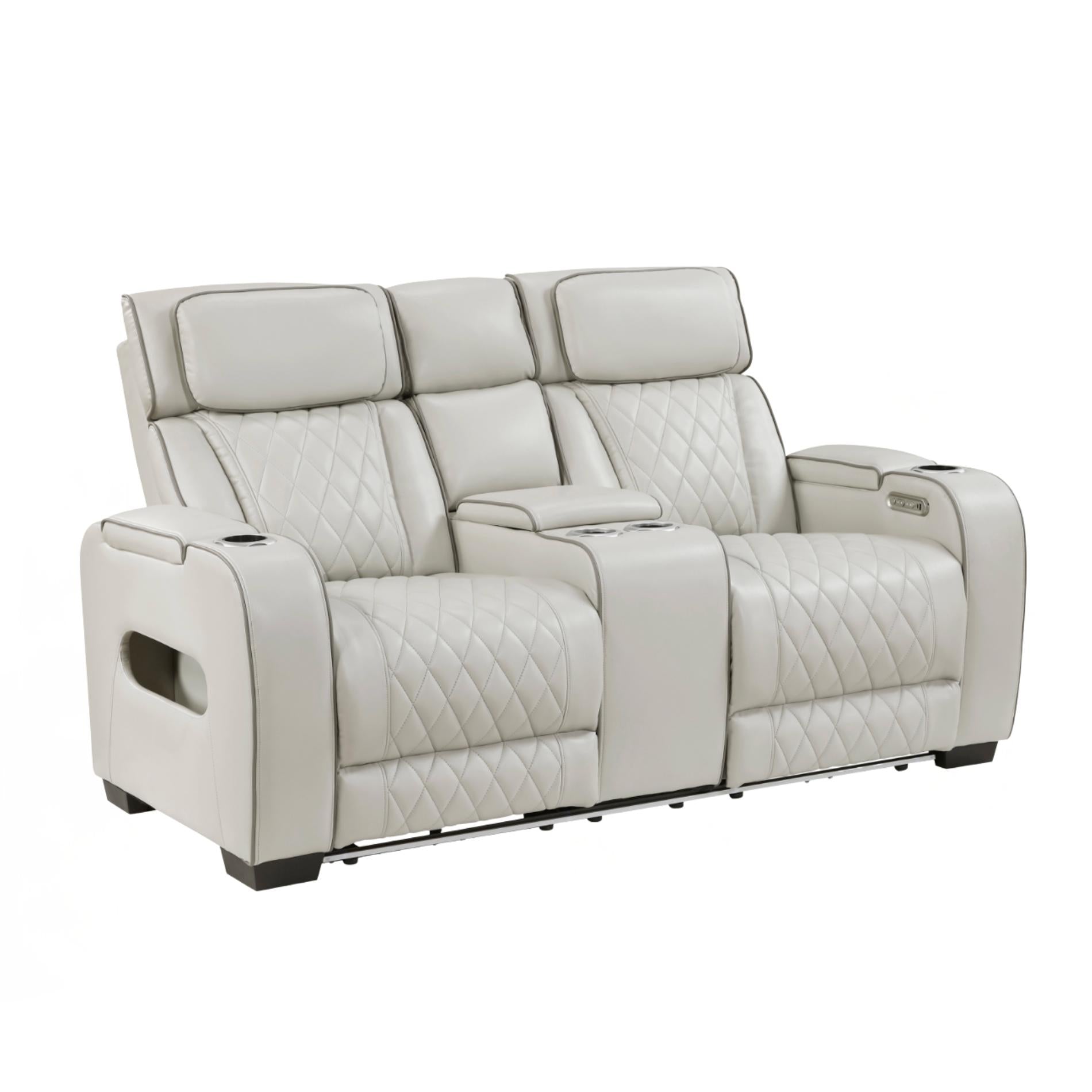 Beige recliner sofa with quilted design on a white background