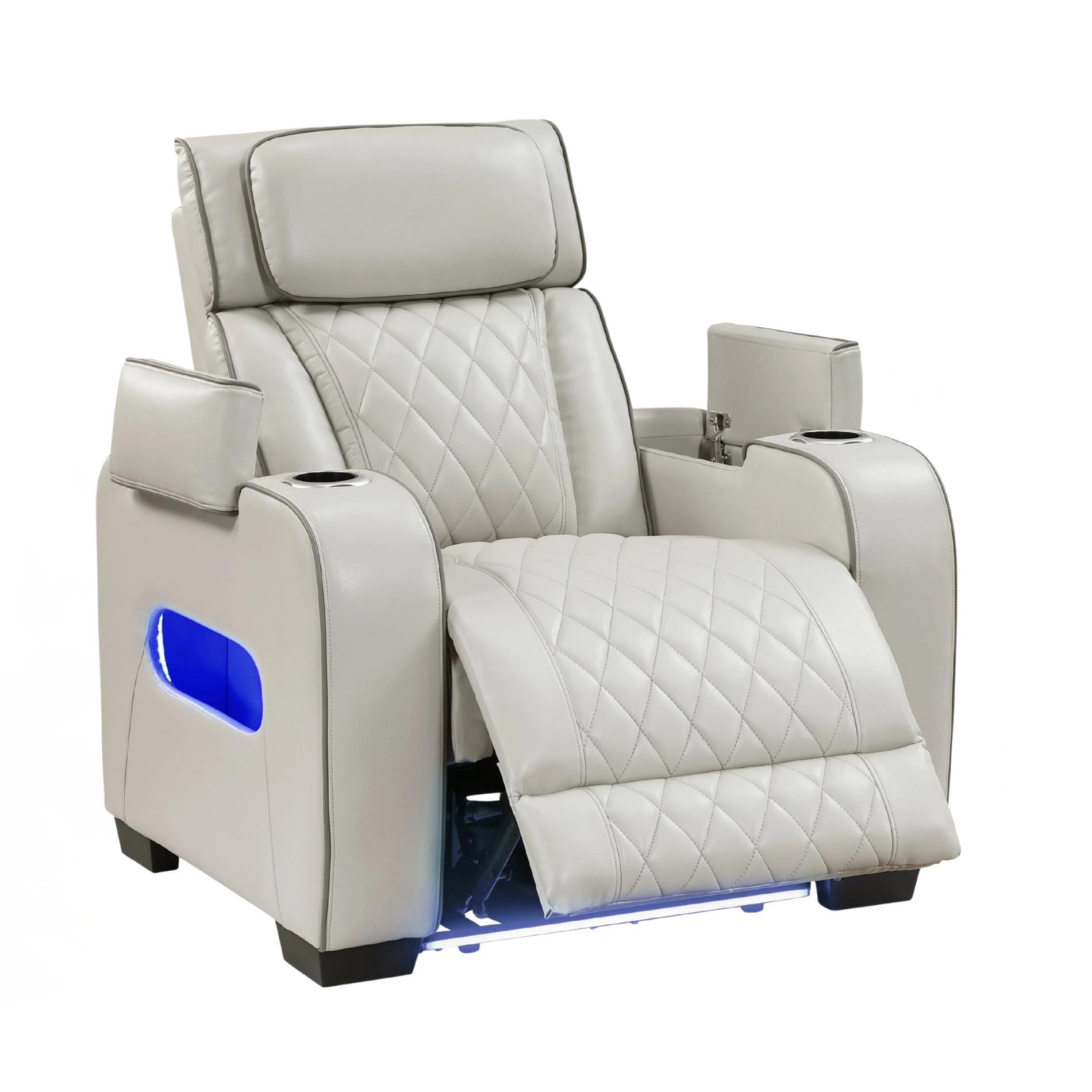 White recliner chair with quilted design on a white background