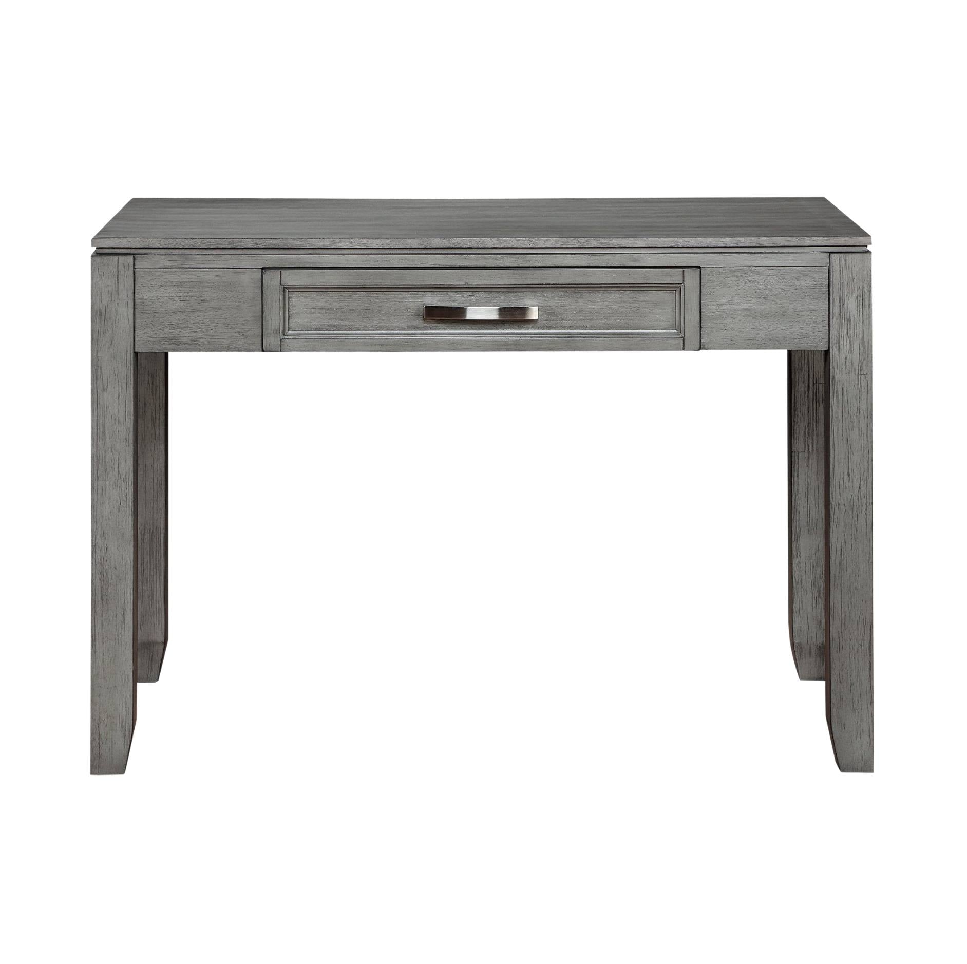 A gray wood console table with a single drawer and a silver metal pull handle, shown against a plain white background.