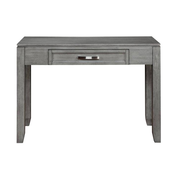 A gray wood console table with a single drawer and a silver metal pull handle, shown against a plain white background.