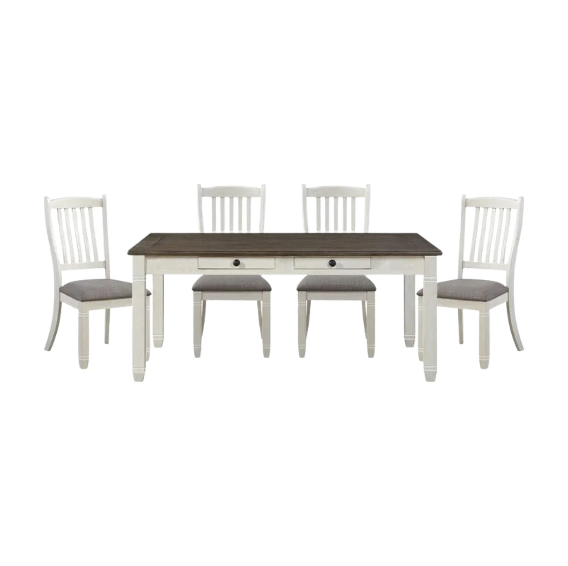 A 5-piece dining set featuring a rectangular table with a dark brown wood-grain top and white frame, accompanied by four matching white chairs with gray upholstered seats.