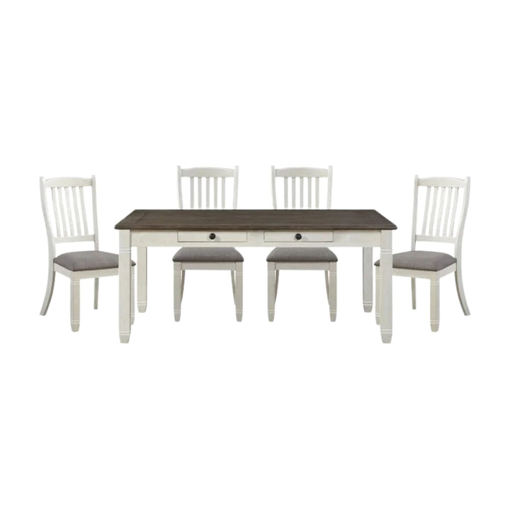 A 5-piece dining set featuring a rectangular table with a dark brown wood-grain top and white frame, accompanied by four matching white chairs with gray upholstered seats.