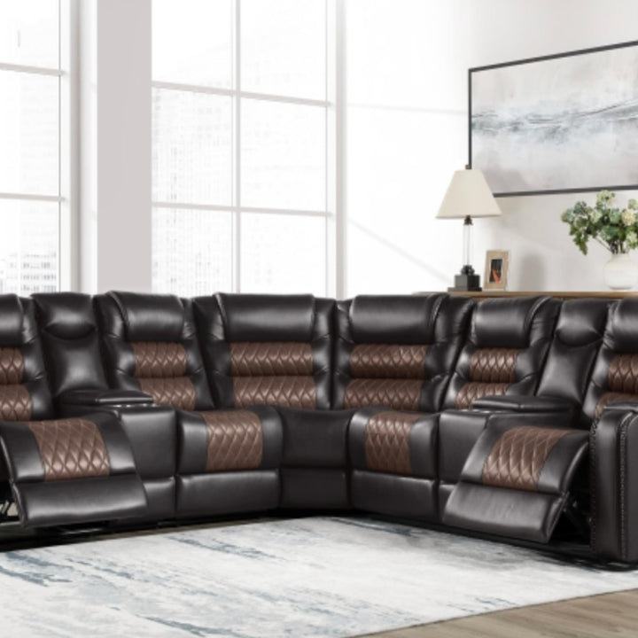 Black leather sectional sofa with brown accents in a living room setting.
