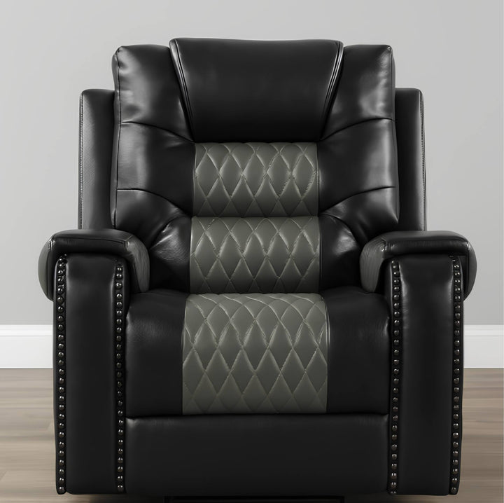 Black faux leather recliner chair with gray quilted diamond-patterned center panels on the backrest, seat, and armrests, plus silver nailhead trim on the outer arms, shown against a plain gray wall and light wood floor.