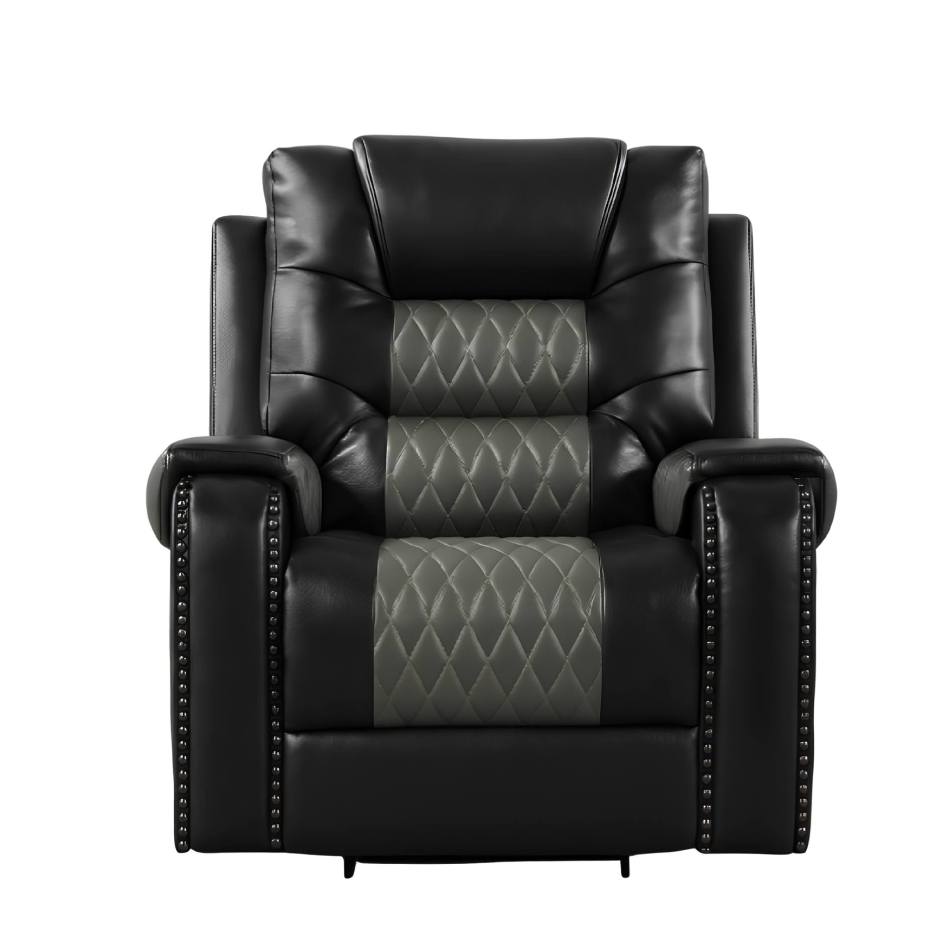 A black leather power recliner chair with gray diamond-quilted panels on the seat and backrest, featuring nailhead trim on the armrests, shown against a plain white background.