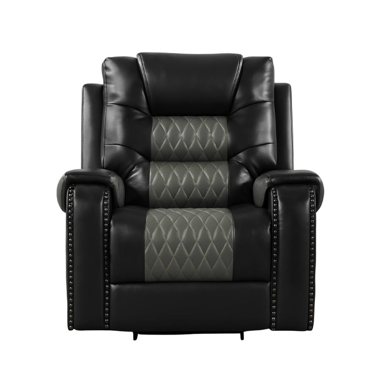 A black leather power recliner chair with gray diamond-quilted panels on the seat and backrest, featuring nailhead trim on the armrests, shown against a plain white background.