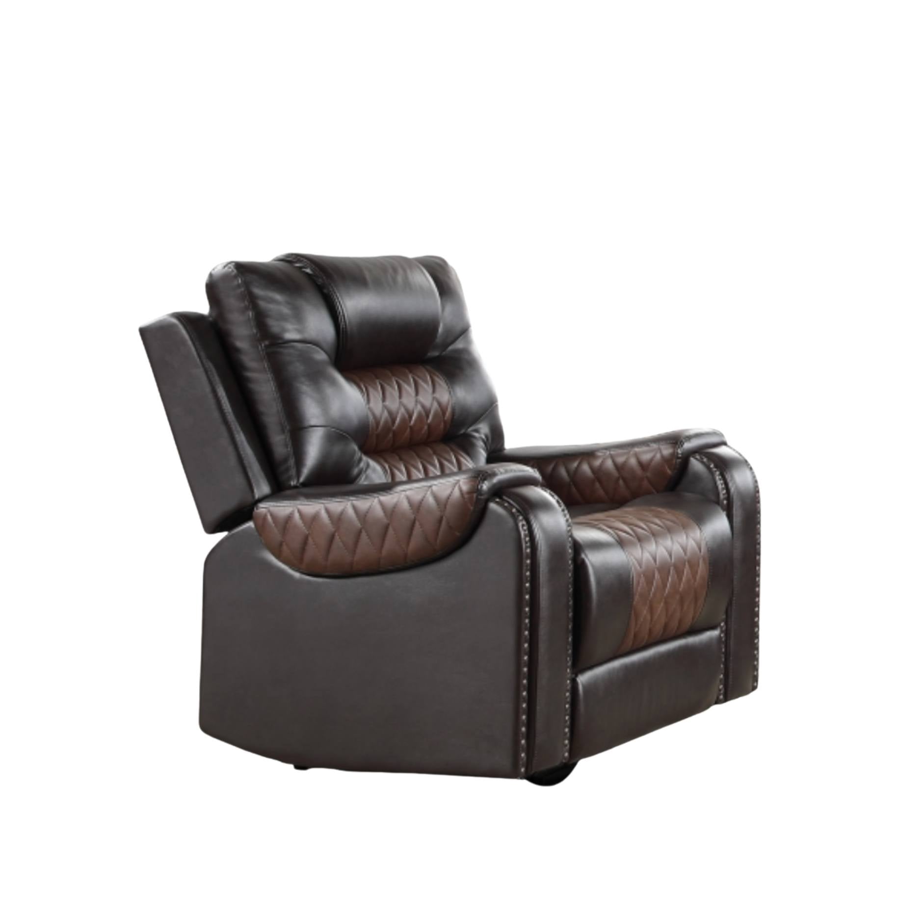 A dark brown recliner chair with quilted brown accents on the seat and armrests, shown against a plain white background.