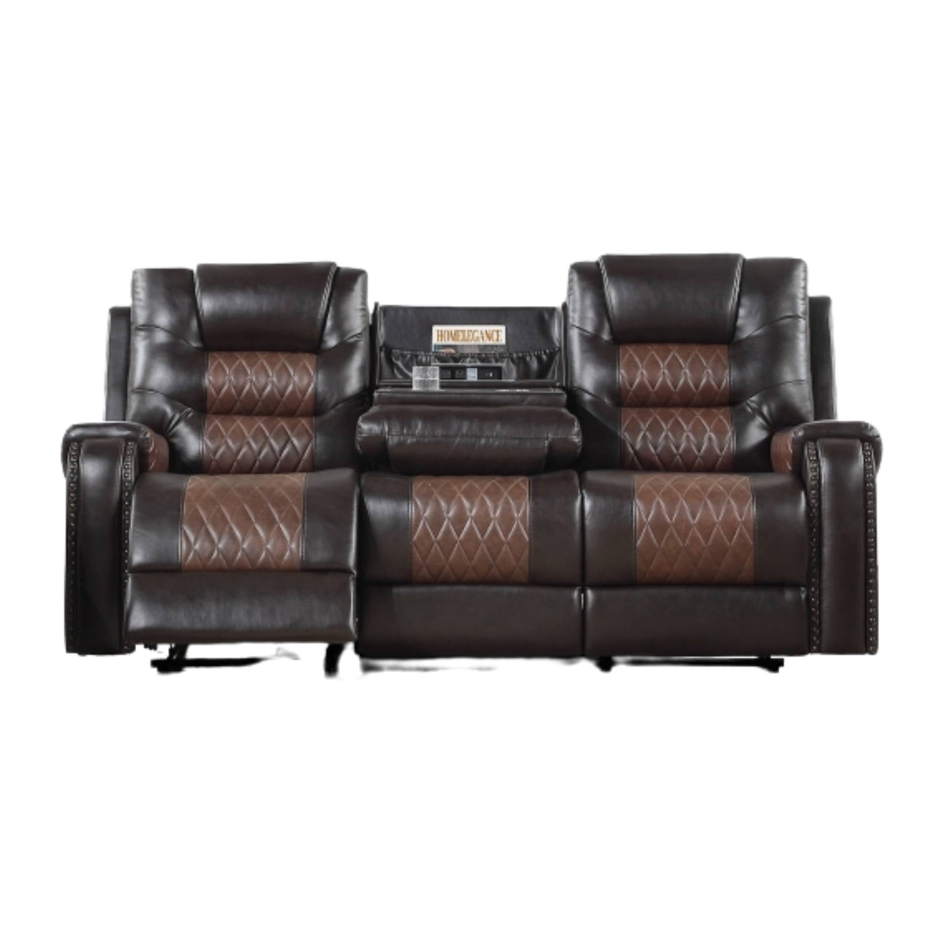 A dark brown leather reclining loveseat with a center console and built-in media player, featuring quilted brown diamond-patterned seat and back cushions on a white background.
