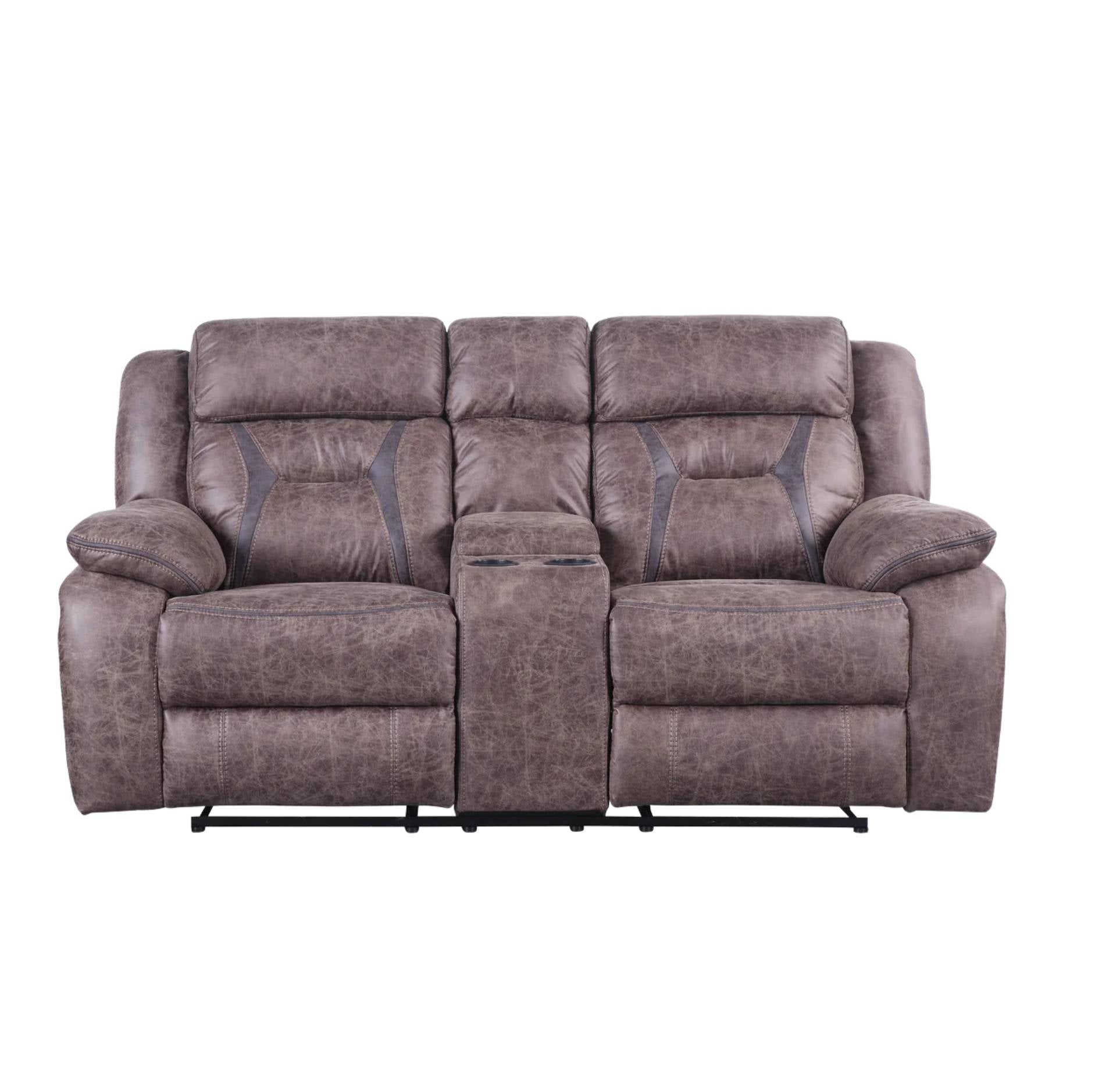 A three-seat reclining loveseat sofa in a textured taupe-brown fabric, featuring a central console table insert and black metal support legs, shown against a plain white background.