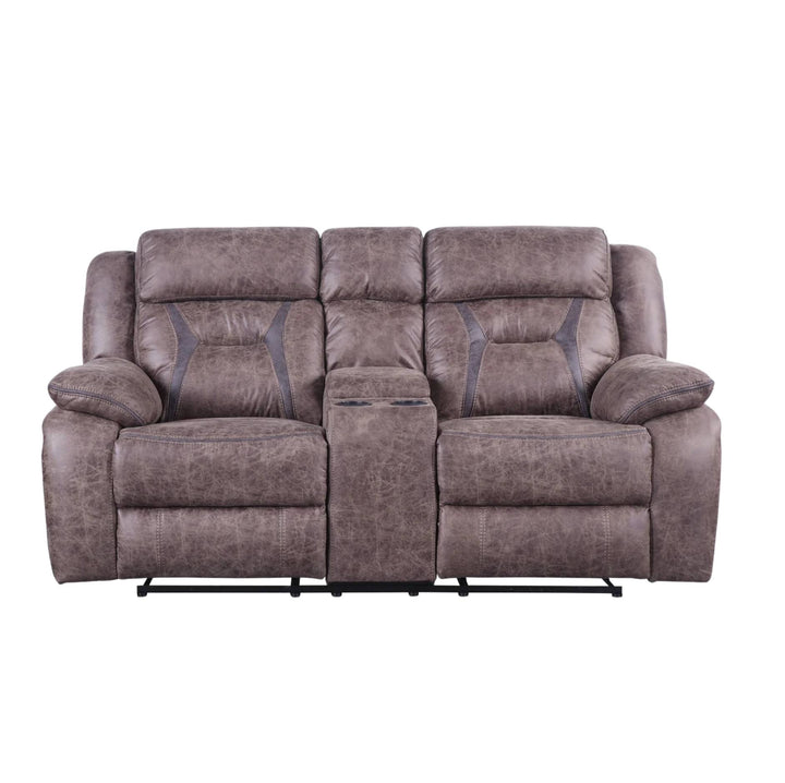 A three-seat reclining loveseat sofa in a textured taupe-brown fabric, featuring a central console table insert and black metal support legs, shown against a plain white background.