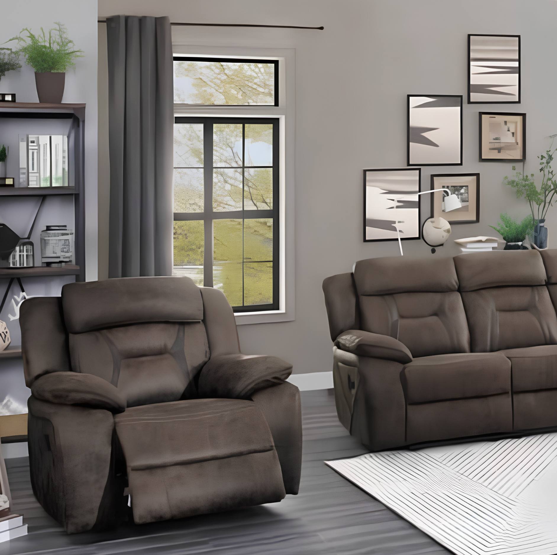 A brown recliner chair and matching brown loveseat sofa shown in a staged living room with gray walls, framed wall art, a window, curtains, shelving, and a rug.