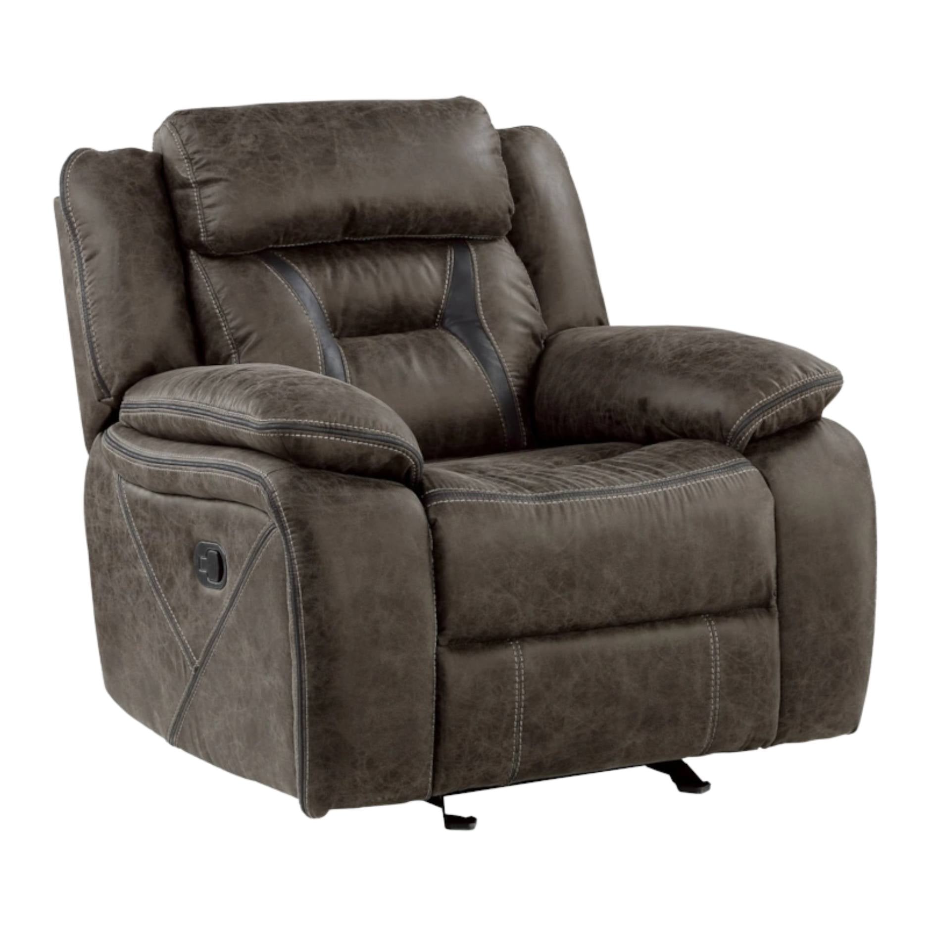 A dark brown faux-leather recliner chair with a high back, padded headrest, and side power control button, shown on a plain white background.