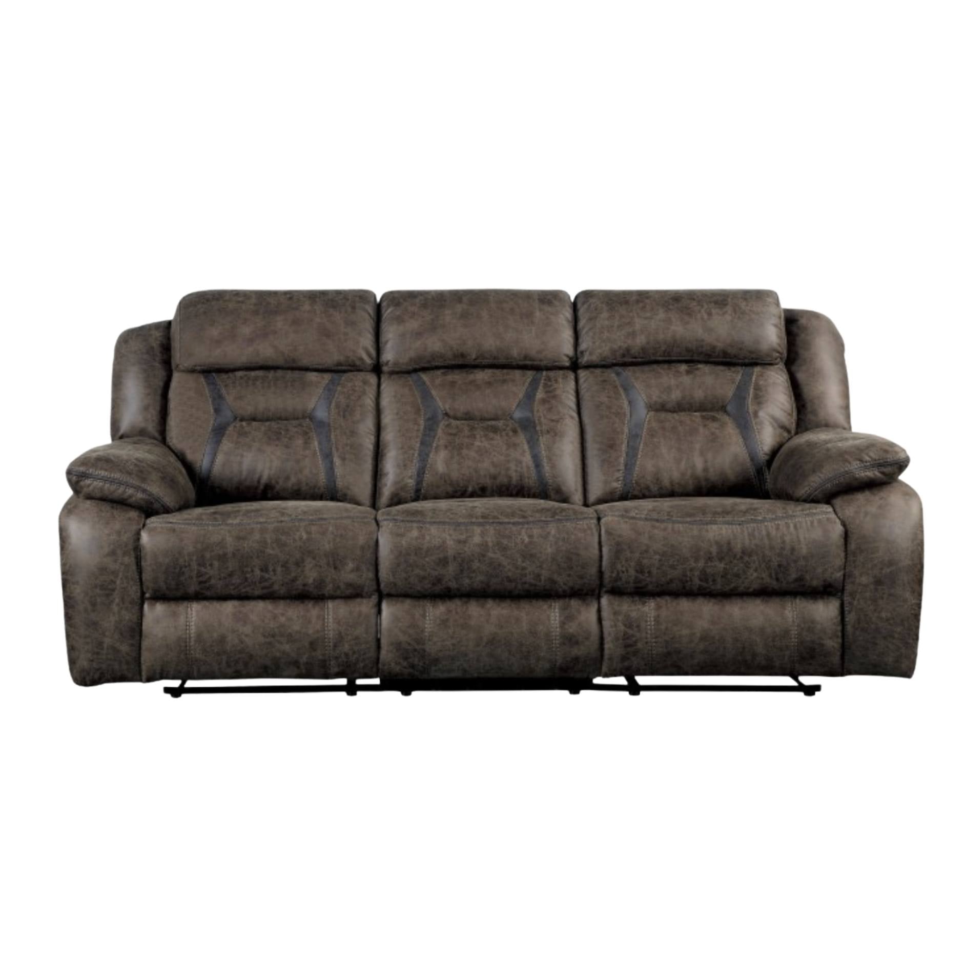 A three-seat reclining power sofa upholstered in a textured dark brown fabric, shown against a plain white background.