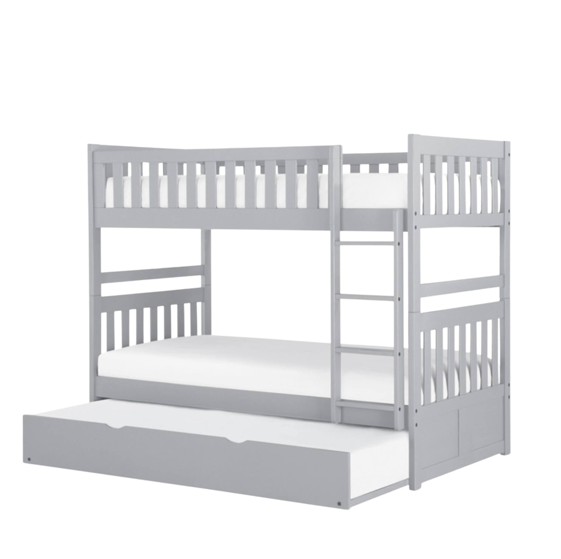 A light gray wooden bunk bed with an attached trundle bed and a ladder, shown on a plain white background.