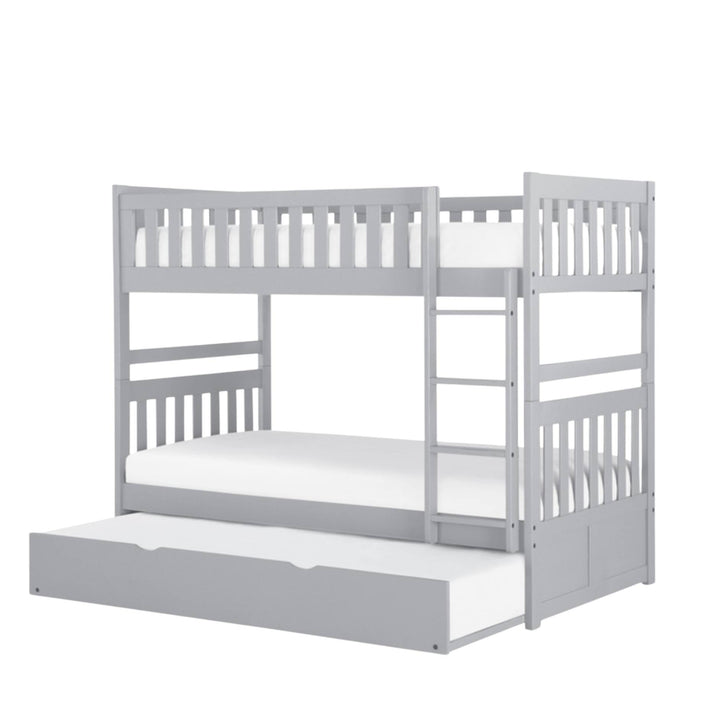 A light gray wooden bunk bed with an attached trundle bed and a ladder, shown on a plain white background.