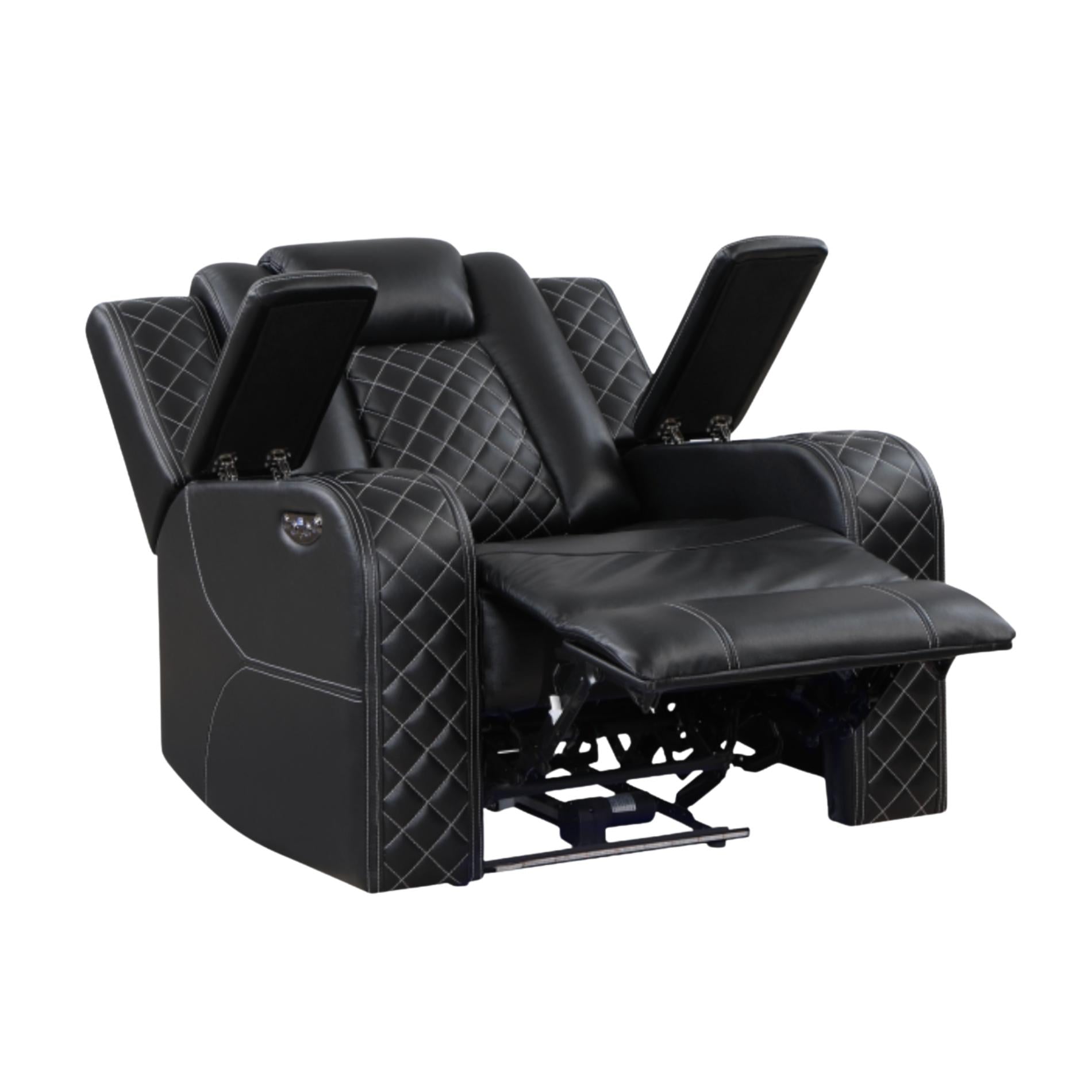 Black recliner chair with quilted design on a white background