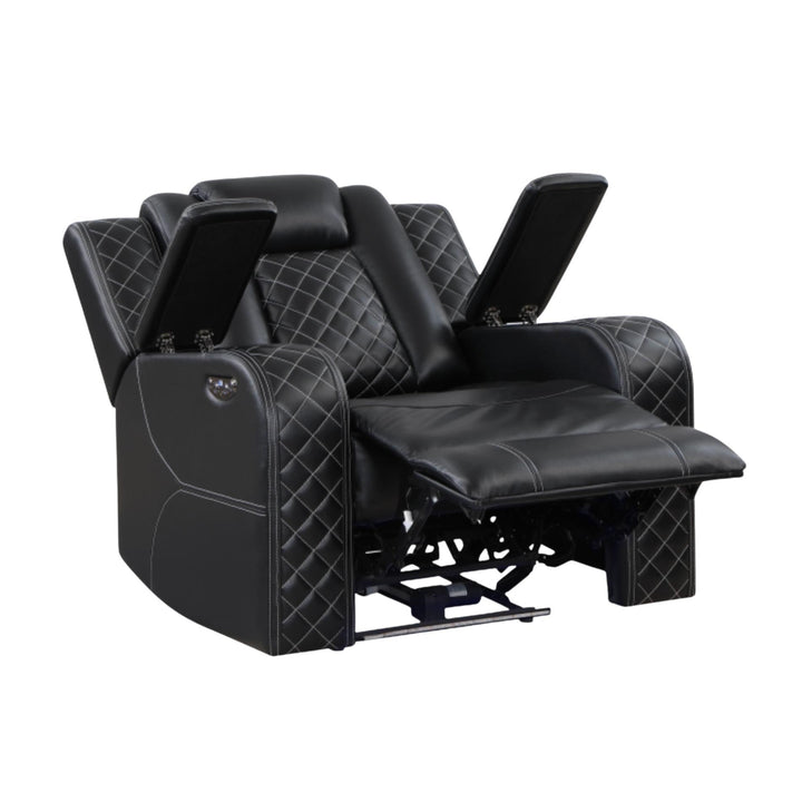 Black recliner chair with quilted design on a white background
