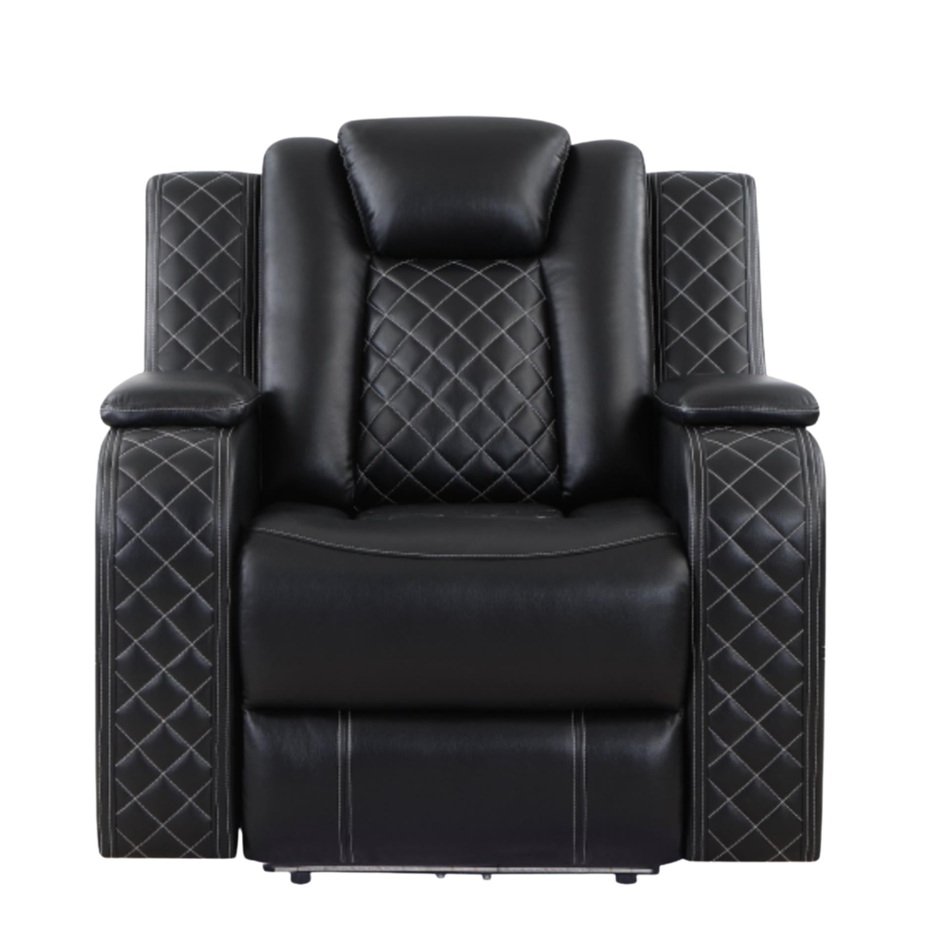 Black leather recliner chair with quilted diamond pattern on a white background