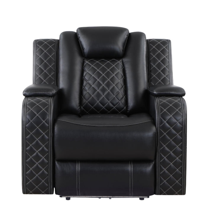 Black leather recliner chair with quilted diamond pattern on a white background