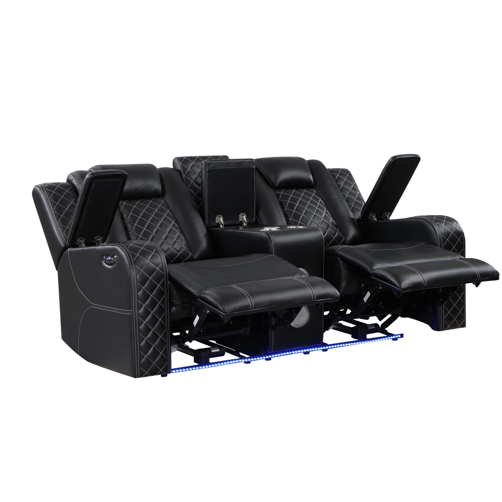 Black recliner theater seats with diamond pattern on a white background