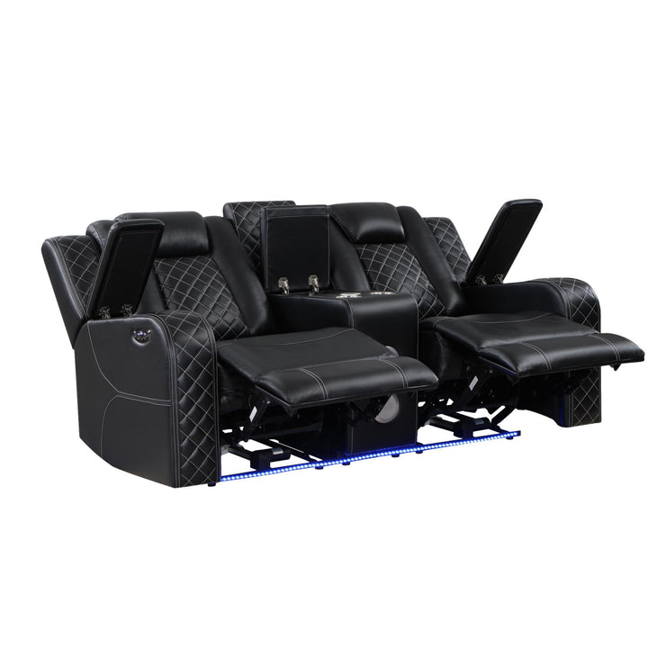 Black recliner theater seats with diamond pattern on a white background