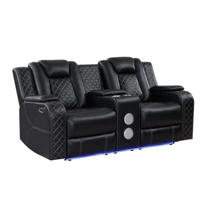 Black recliner sofa with quilted design and LED lighting on a white background