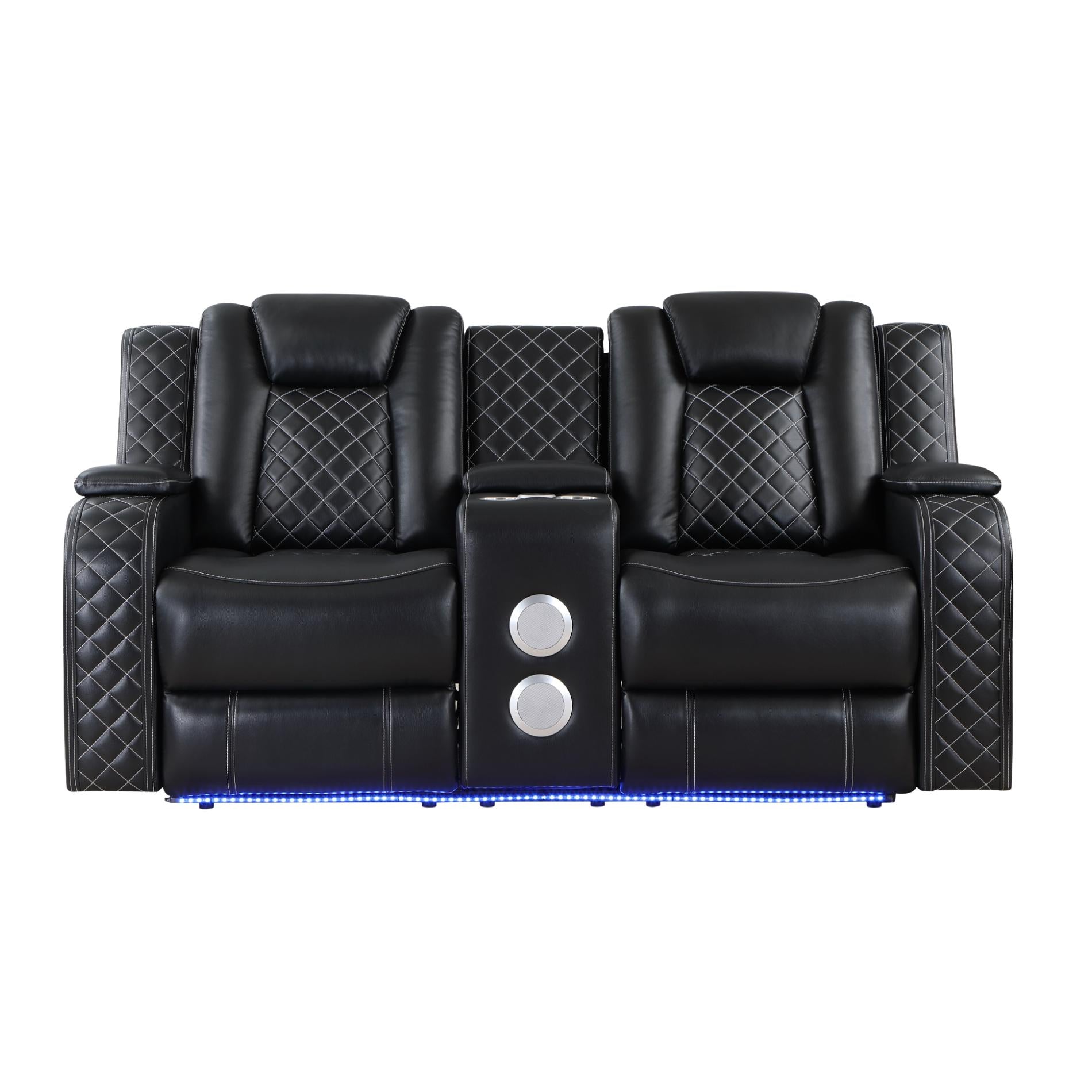 Black leather recliner with quilted design on a white background