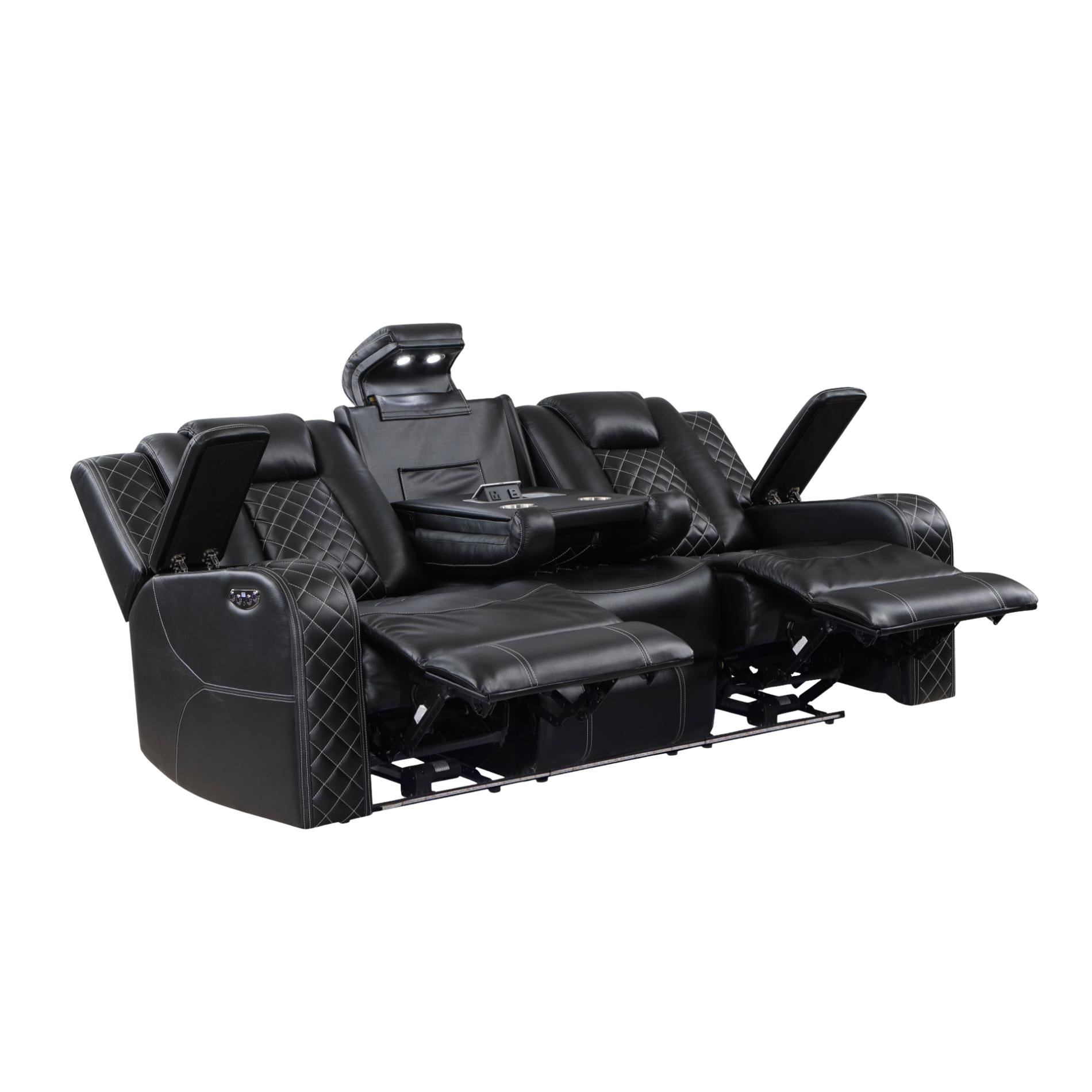 Black reclining sofa with cup holders on a white background