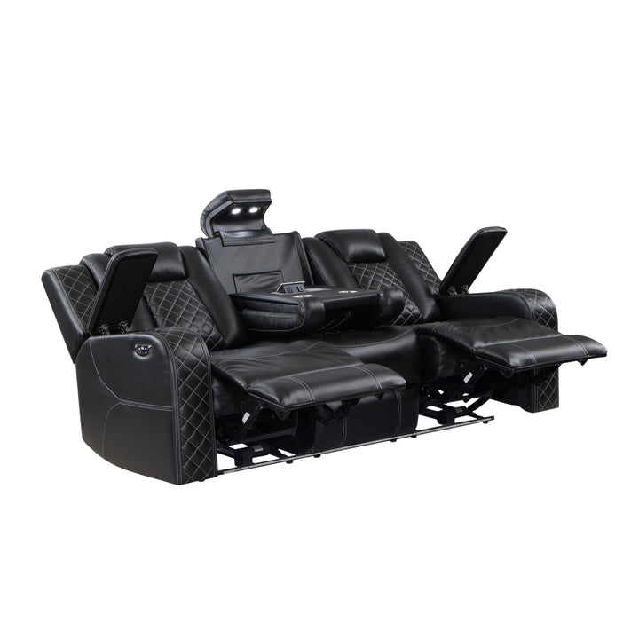 Black reclining sofa with cup holders on a white background