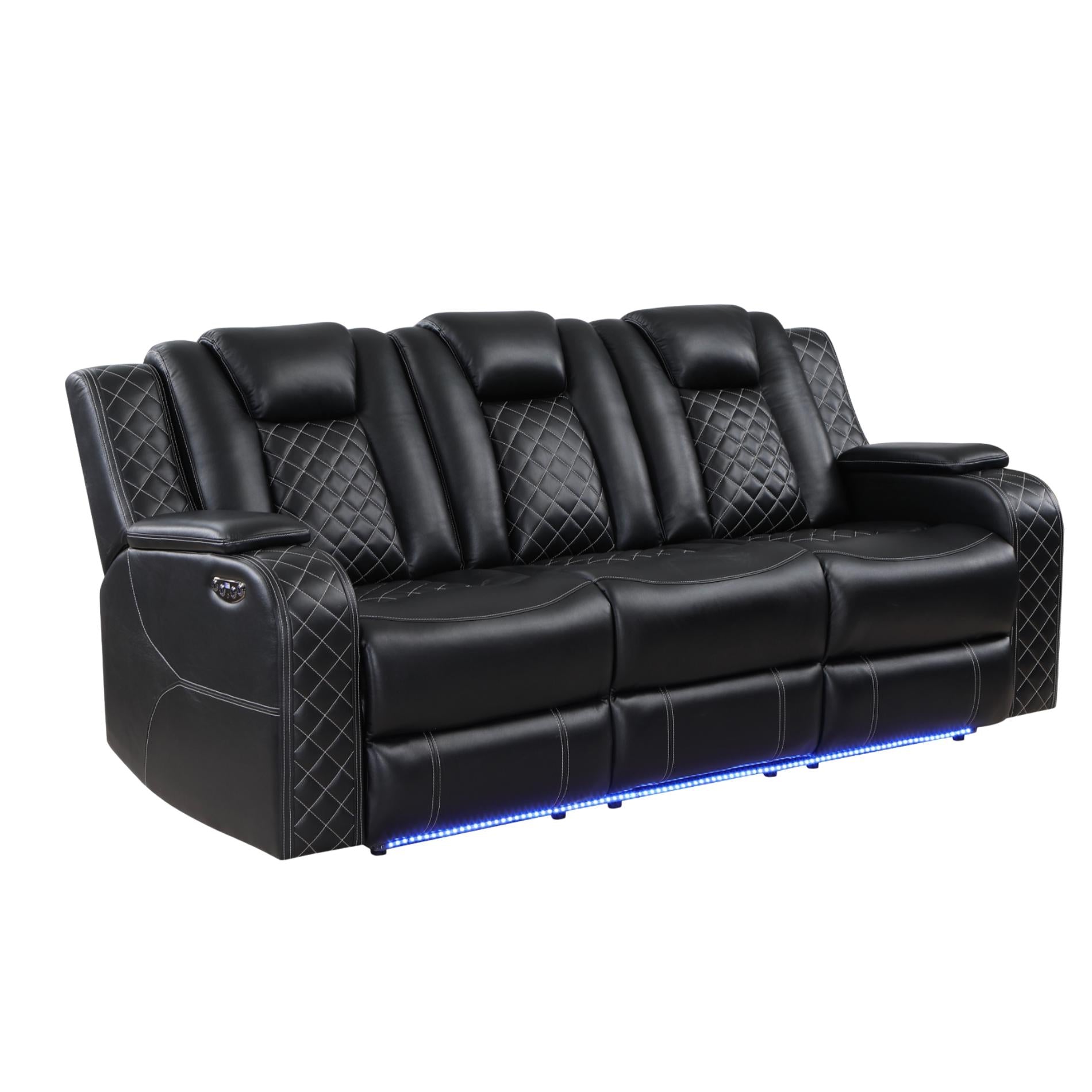 Black reclining sofa with LED lighting on a white background