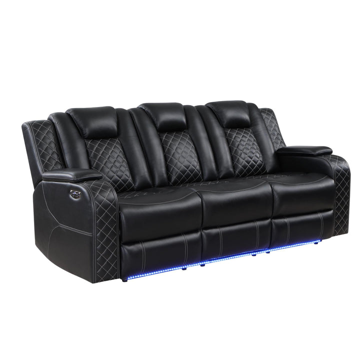 Black reclining sofa with LED lighting on a white background