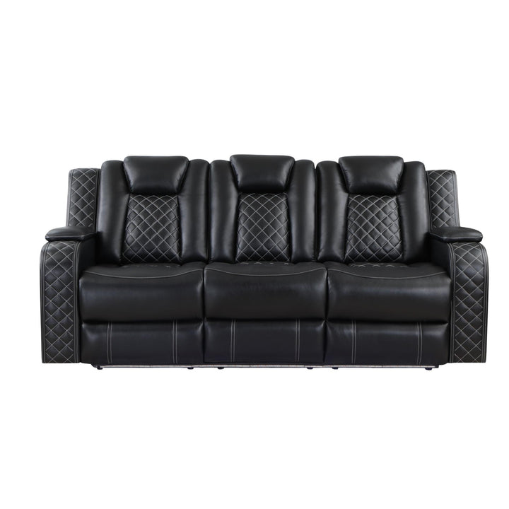 Black leather sofa with quilted patterns on a white background