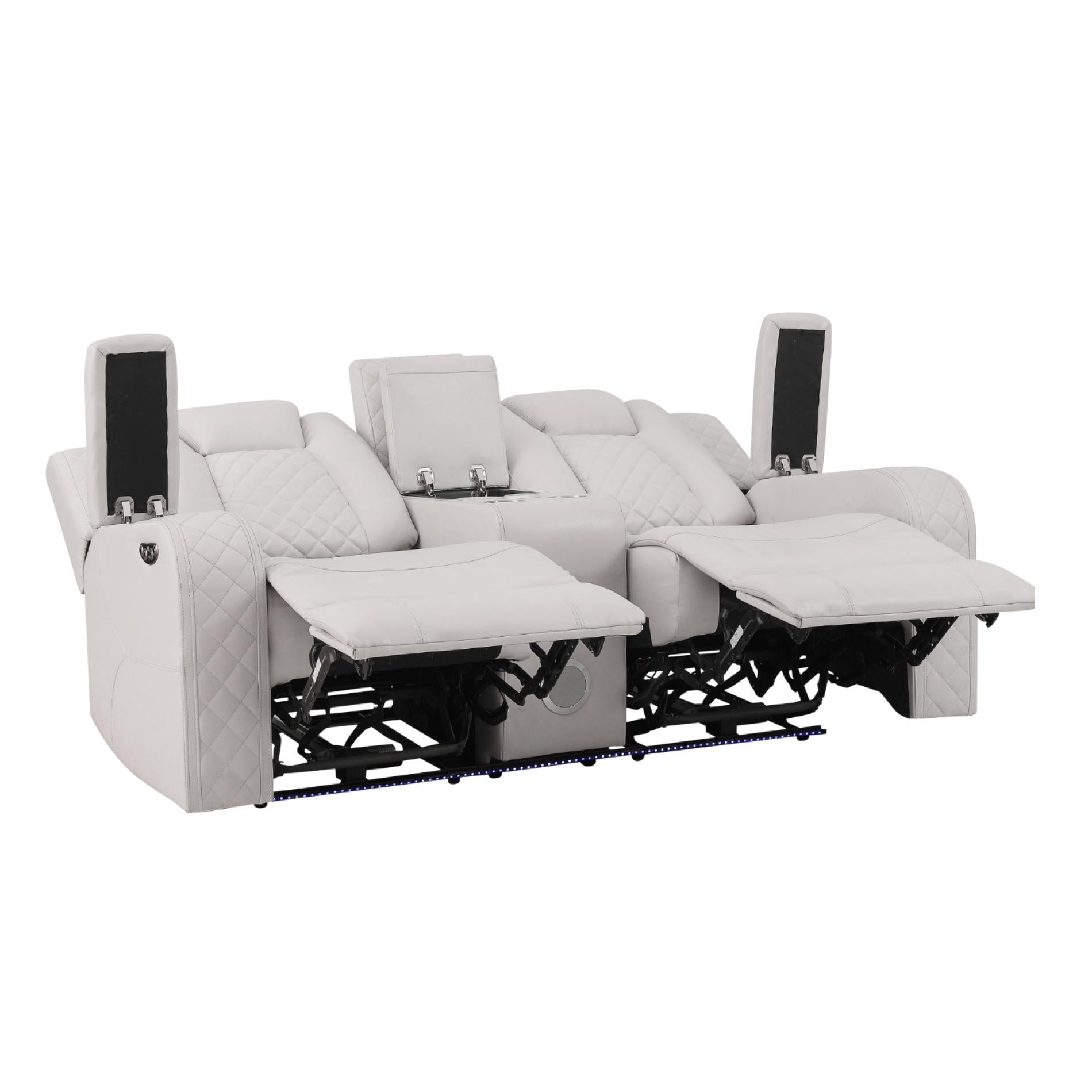 White recliner sofa with cup holders and armrests on a white background