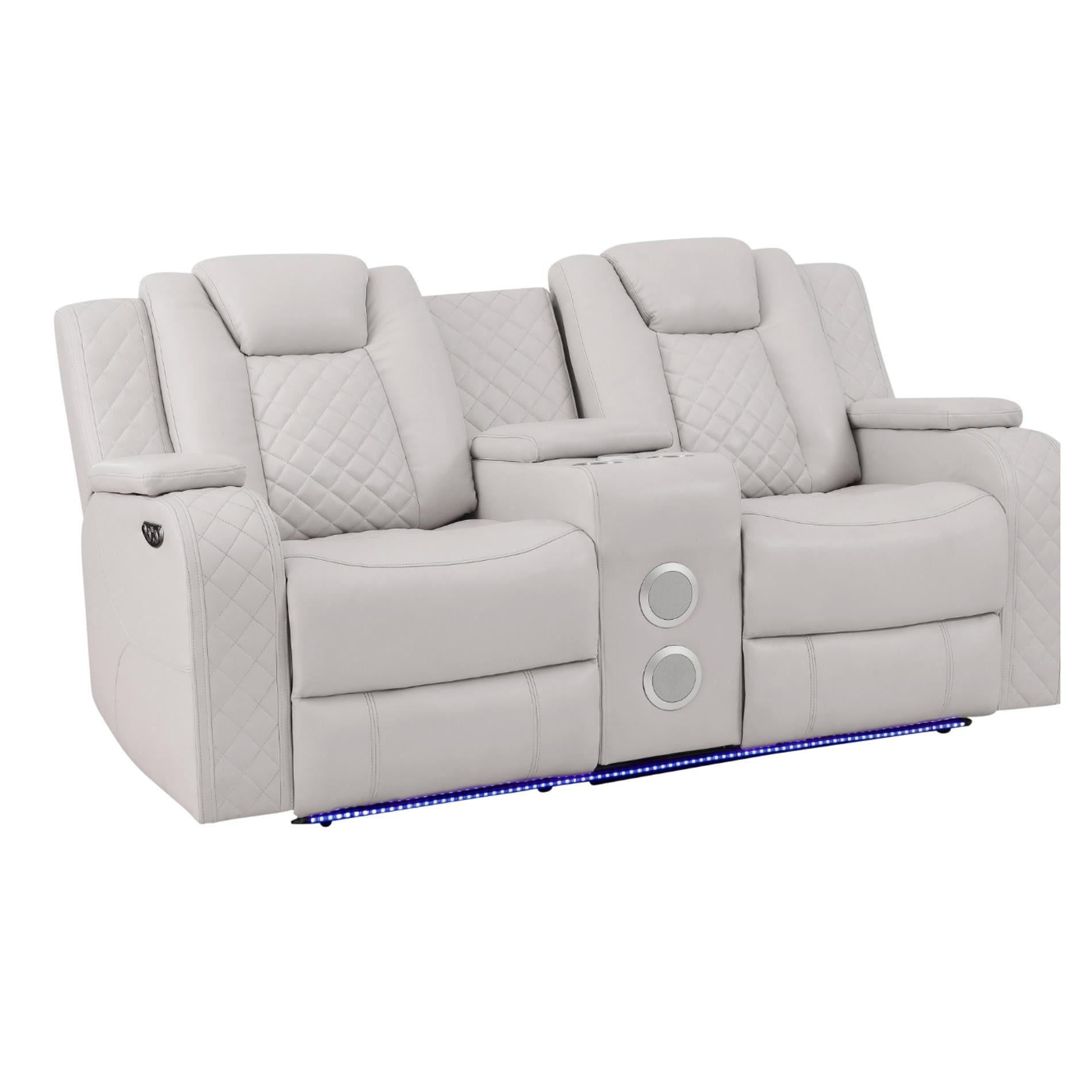 Gray recliner sofa with quilted design and LED lighting on a white background