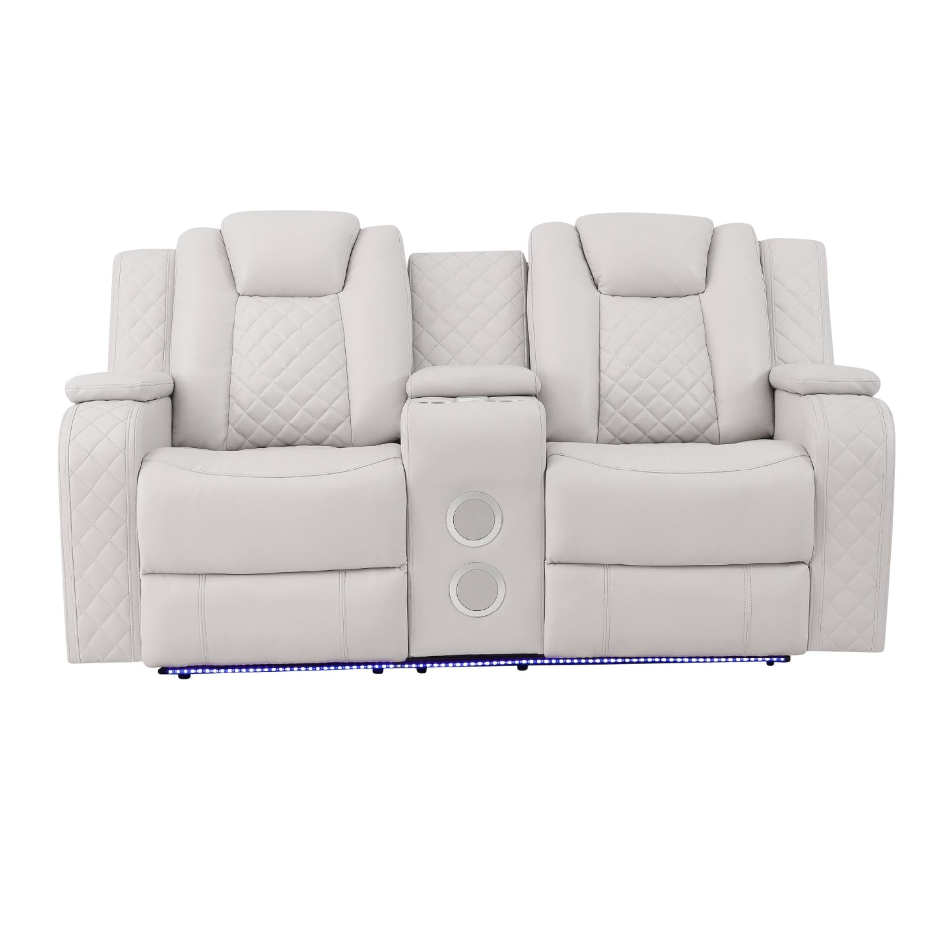 Gray recliner chairs with quilted design on a white background