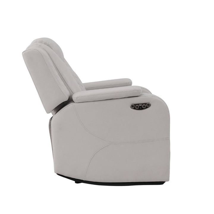 Gray recliner chair with control panel on a white background