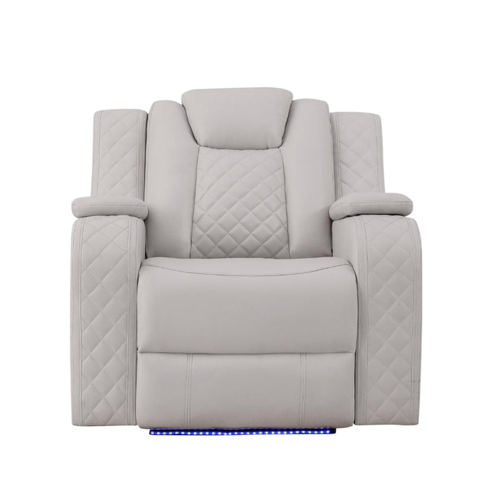 Gray recliner chair with quilted design on a white background