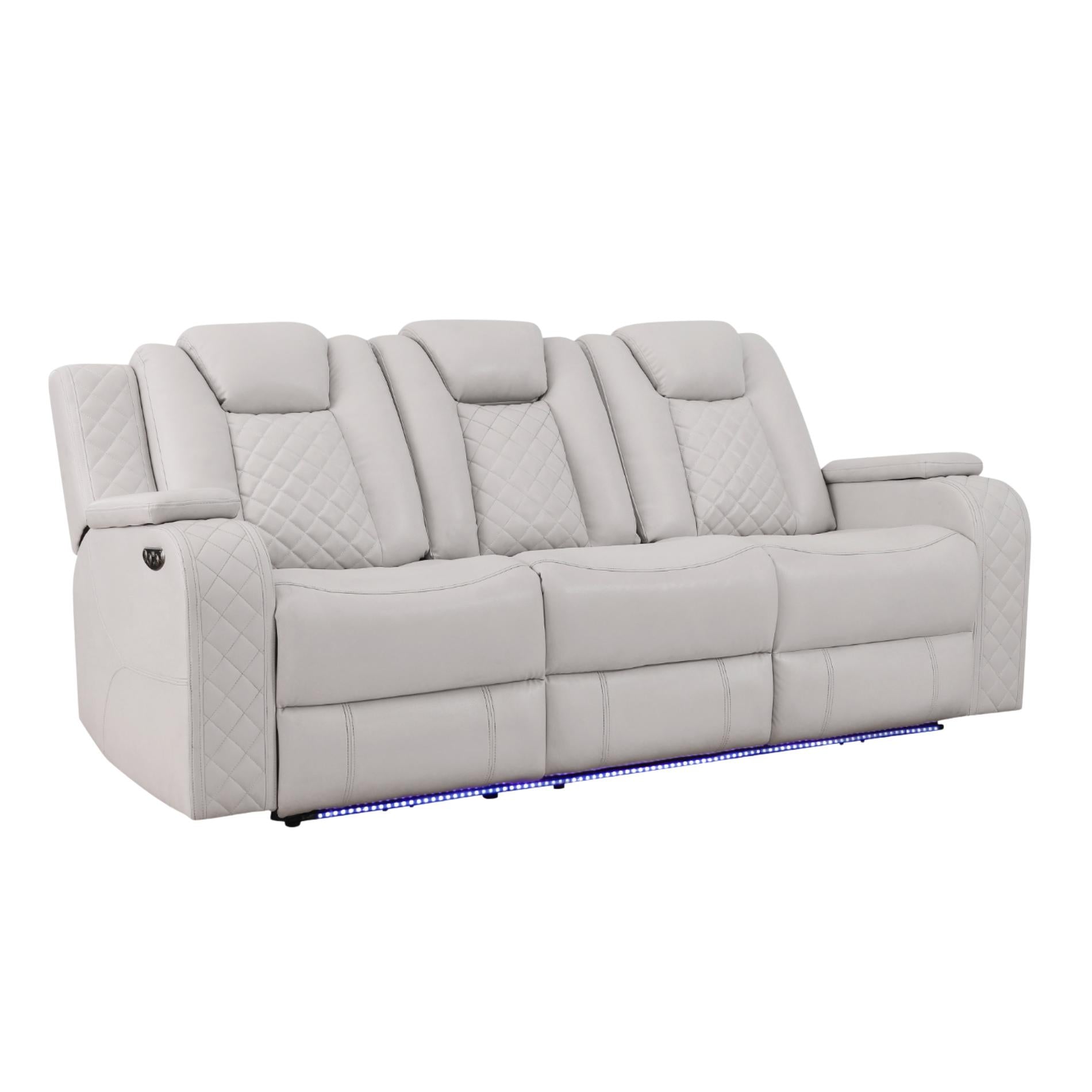 Gray reclining sofa with LED lighting on a white background