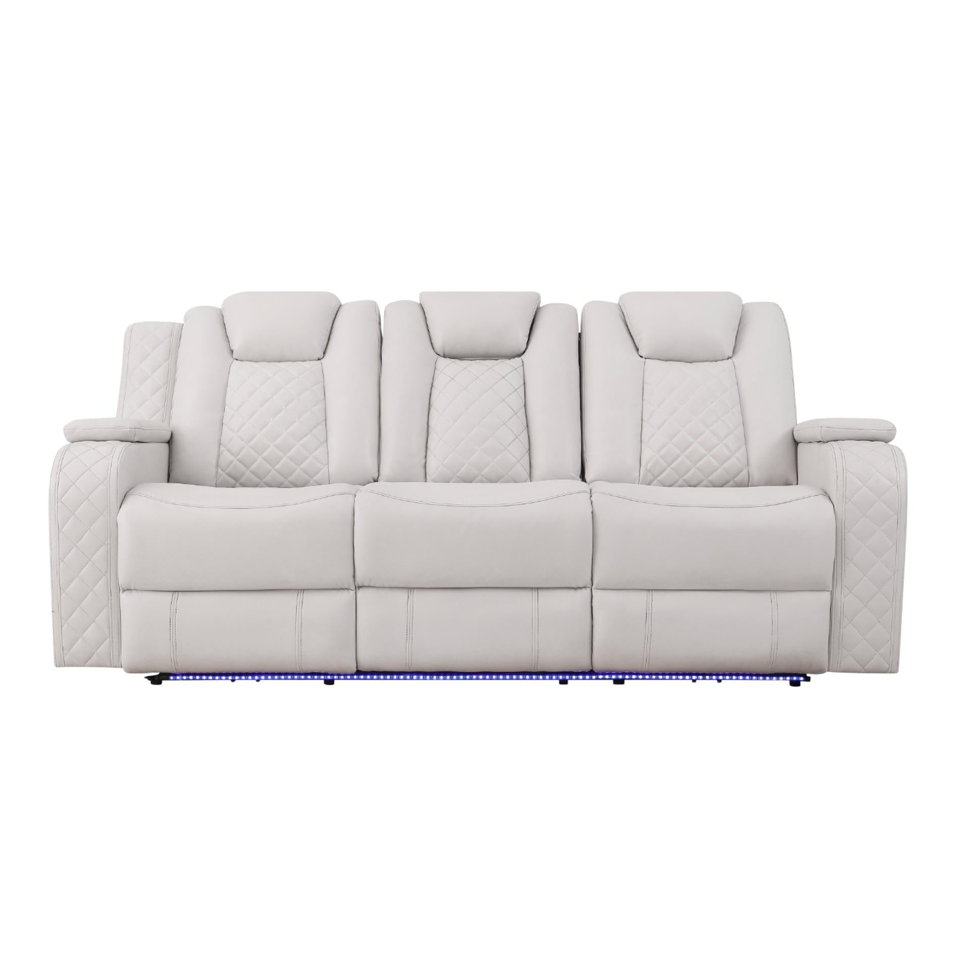 Gray sofa with quilted pattern on a white background