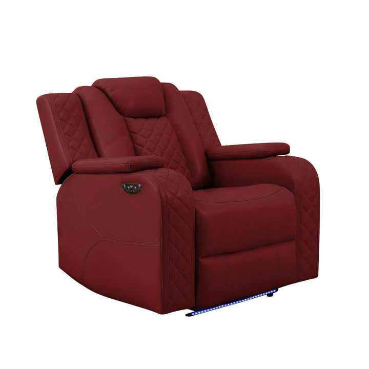Red recliner chair with quilted design on a white background